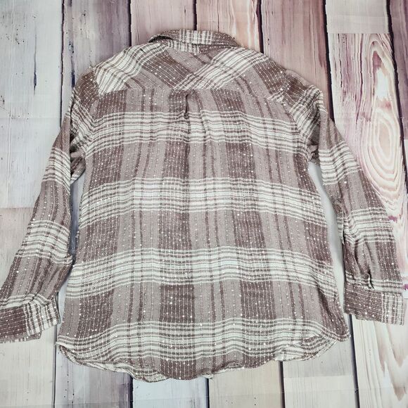 Style & Co Button Up Shirt Women's Small Long Sleeve Top Sequin Sparkle Taupe - Picture 3 of 7